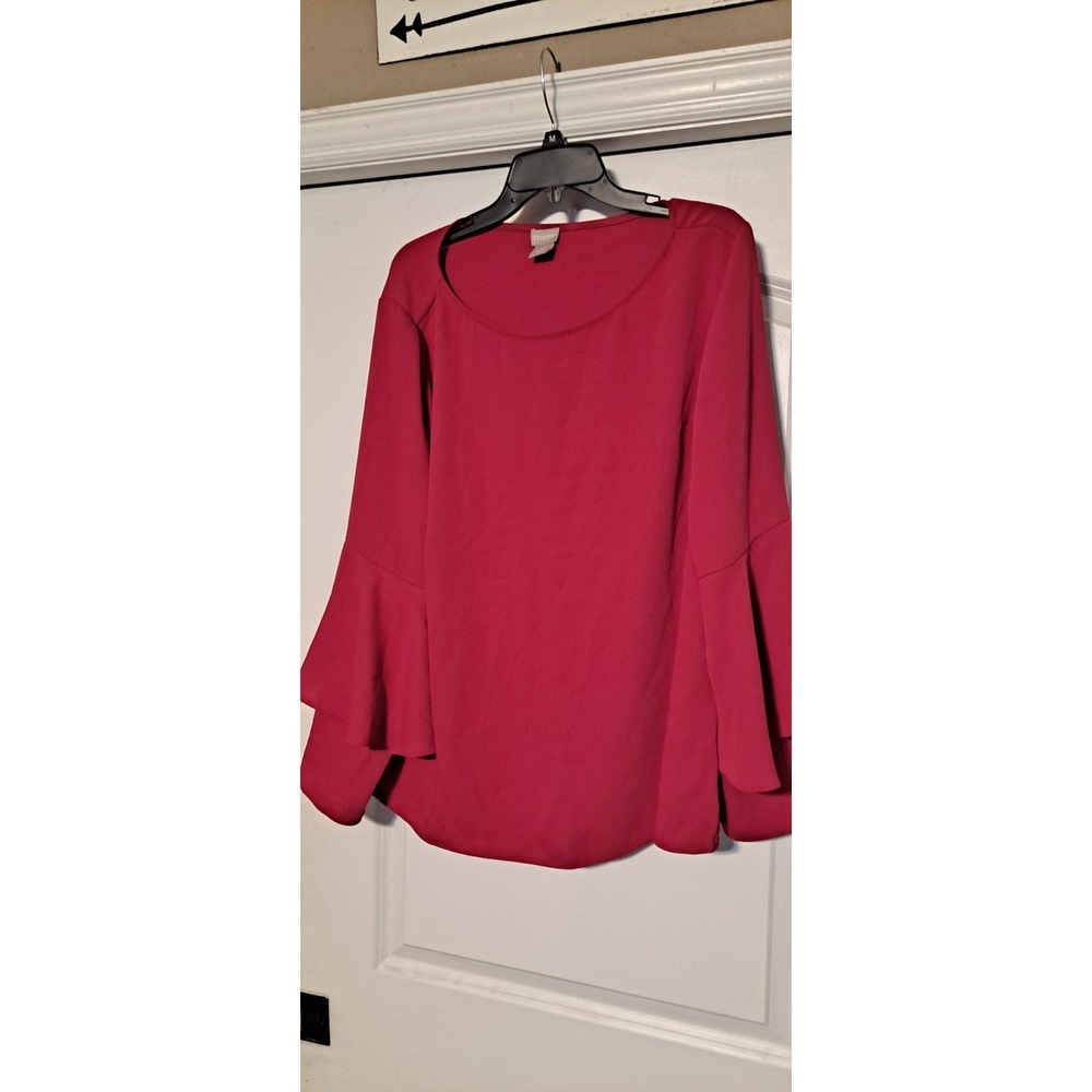 Chicos‎ Womens Bell Sleeve Blouse Size 3 Scoop Neck Red Ruffle Career